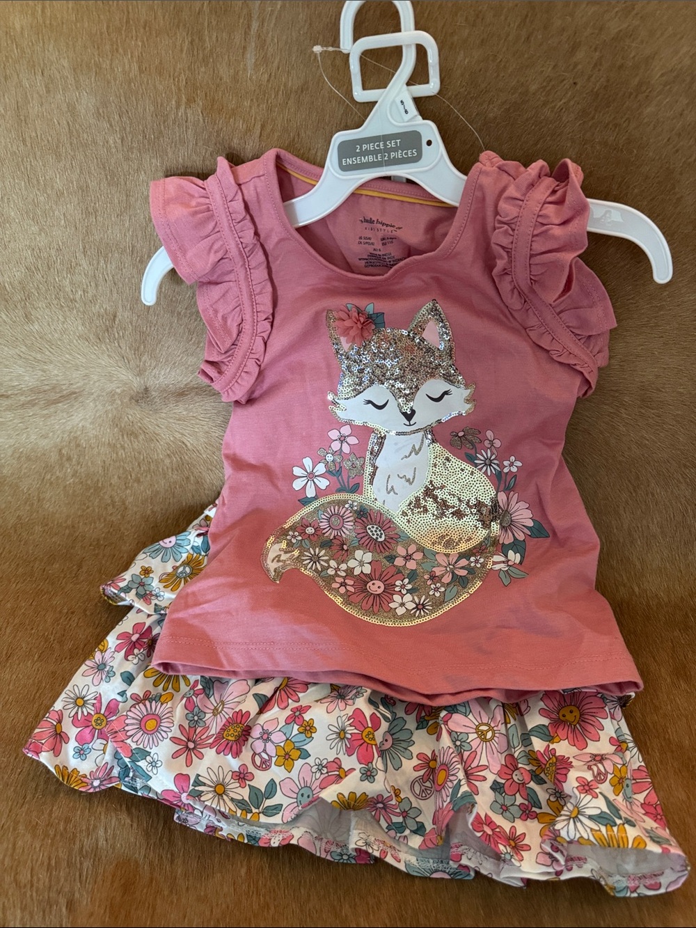 Hautehippie Girls' sequined Pink Fox Ruffle Sleeve Top size 5/6